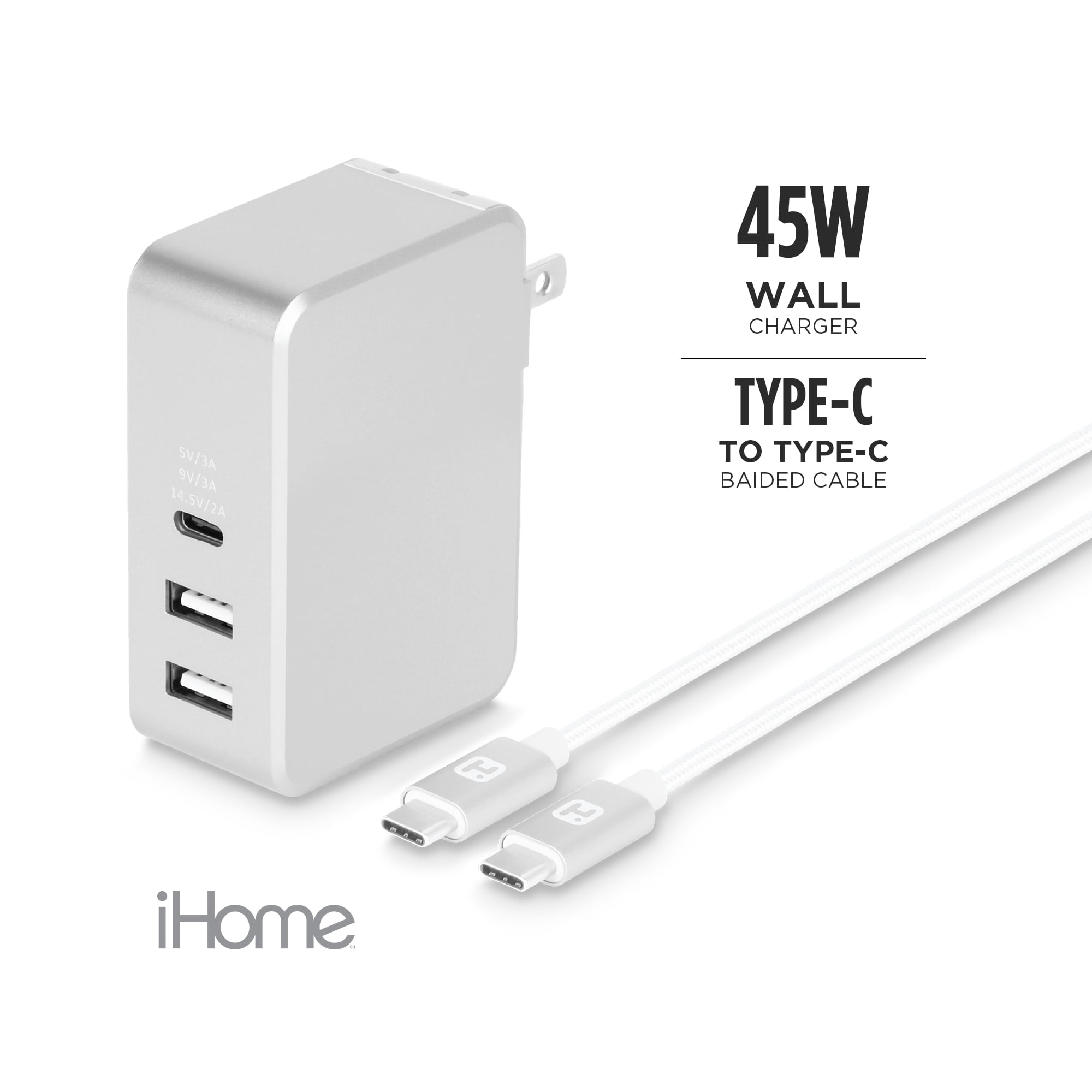 iHome 45W Macbook Power Delivery Wall Charger with 1 USB-C Port, 2 USB-A  Ports, and a 6FT Type-C to Type-C Nylon Charging Cable 