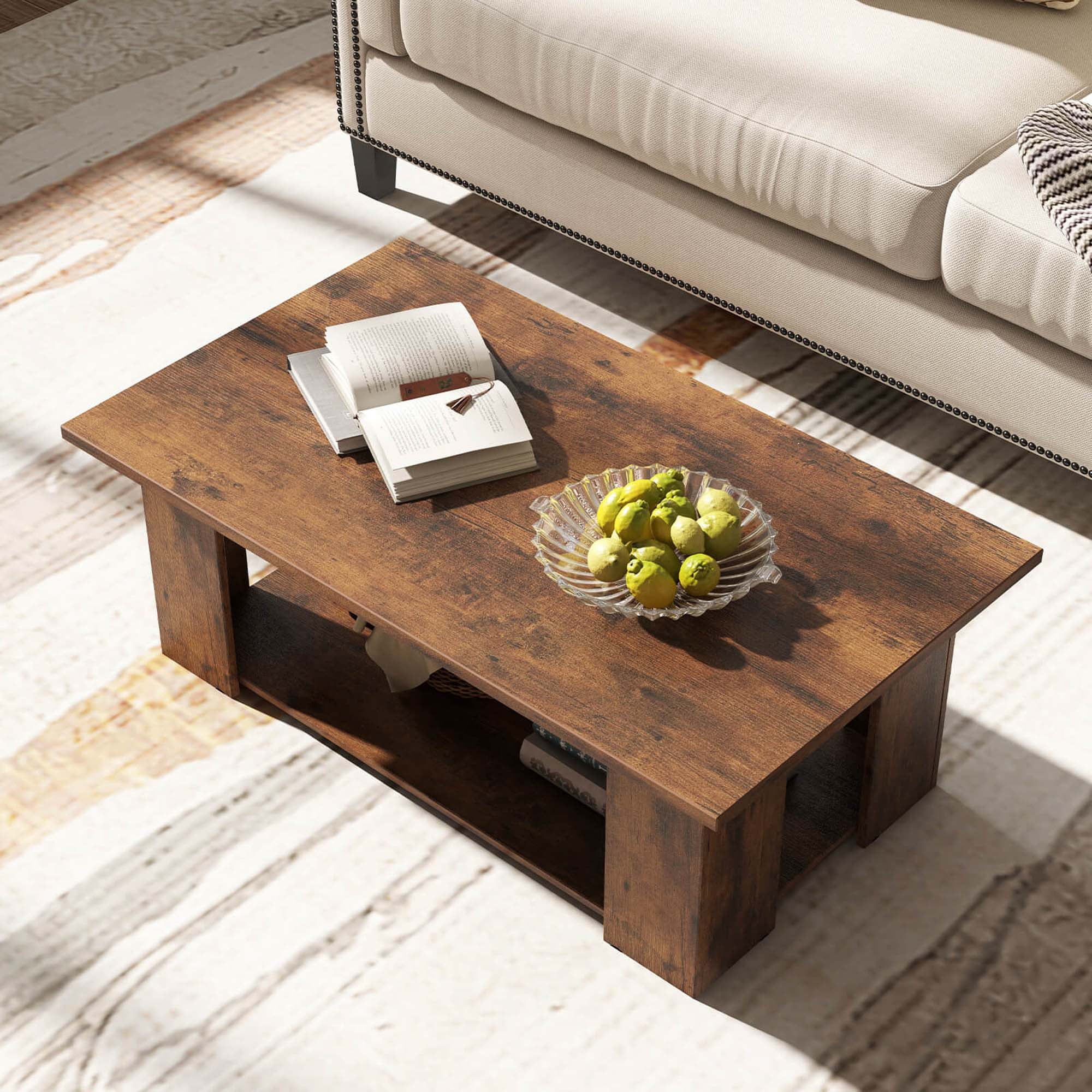 Costway Coffee Table 2-Tier Modern Center Cocktail Table with Storage Shelf for Living Room Brown
