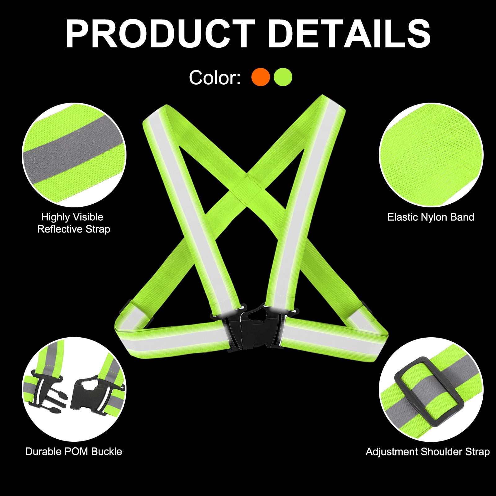 Adjustable Reflective Running vest Gear, 4 Pack High Visible reflective straps fit all ages, Green/Red-Orange