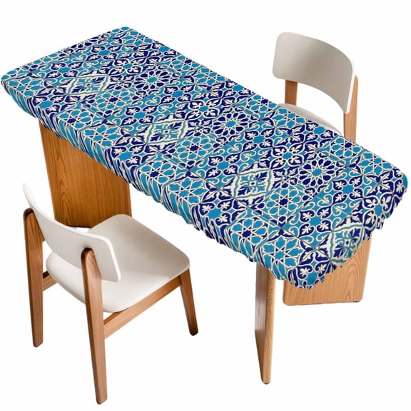 Vintage Morocco Table Cloths for 8 Foot Rectangle Tables, Traditional Tribal Abstract Geometric Blue Patio Waterproof Elastic Fitted Tablecloths, Washable Rectangular Table Cover for Camping