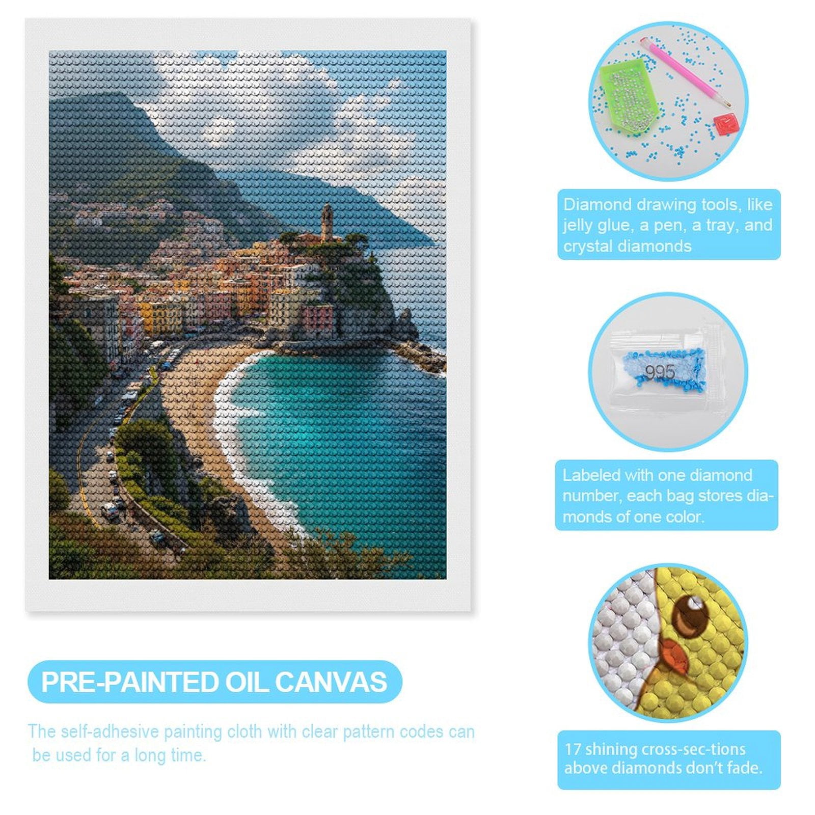 Diamond Art Kits for Adults, Beach Town Coastal View Summer Bliss 5D Diamond Painting Kits for Adults Beginners, DIY Full Drill Diamond Painting, Gem Art and Crafts 12x16