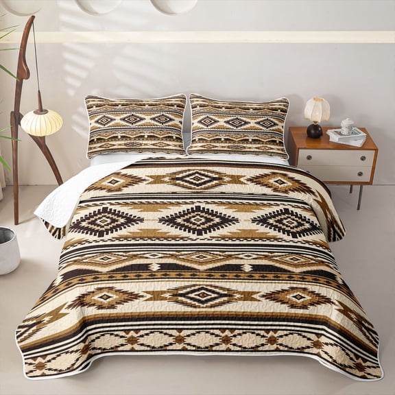 Homewish Aztec Geometric Rhombus Twin Quilt Set,Vintage Brown Boho Twin Coverlet Set,2 Pieces