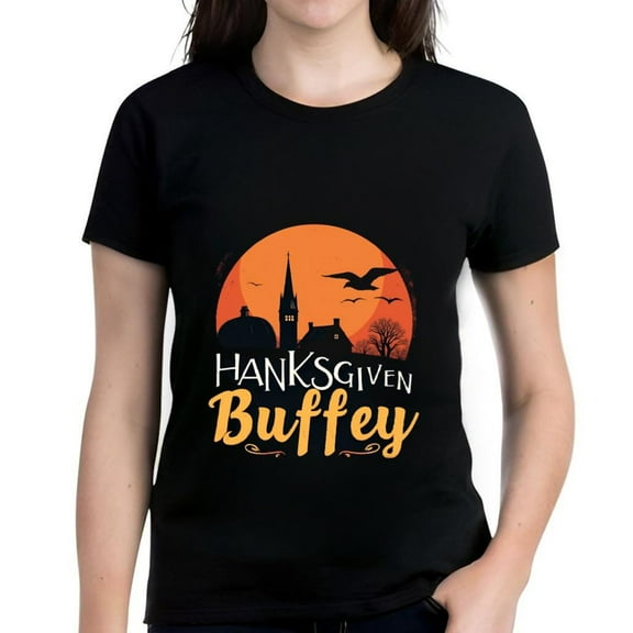 Women's Cotton Short Sleeve T-Shirt with Town Graphic & Trees Design " HANKSGIVEN Buffey " Print Perfect for Casual Wear