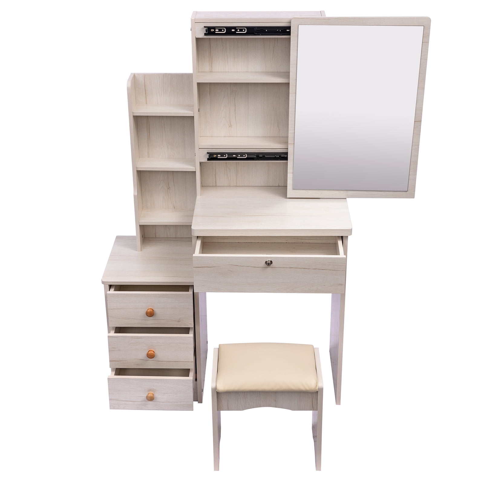 Resenkos Makeup Vanity Set with Mirror Cushioned Stool Open Storage Shelves and 4 Drawers White Oak