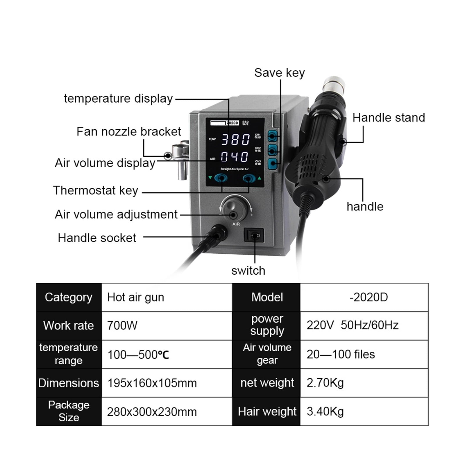 2020D 700W Hot Air Rework Station, Digital SMD Heat Gun for Phone PCB