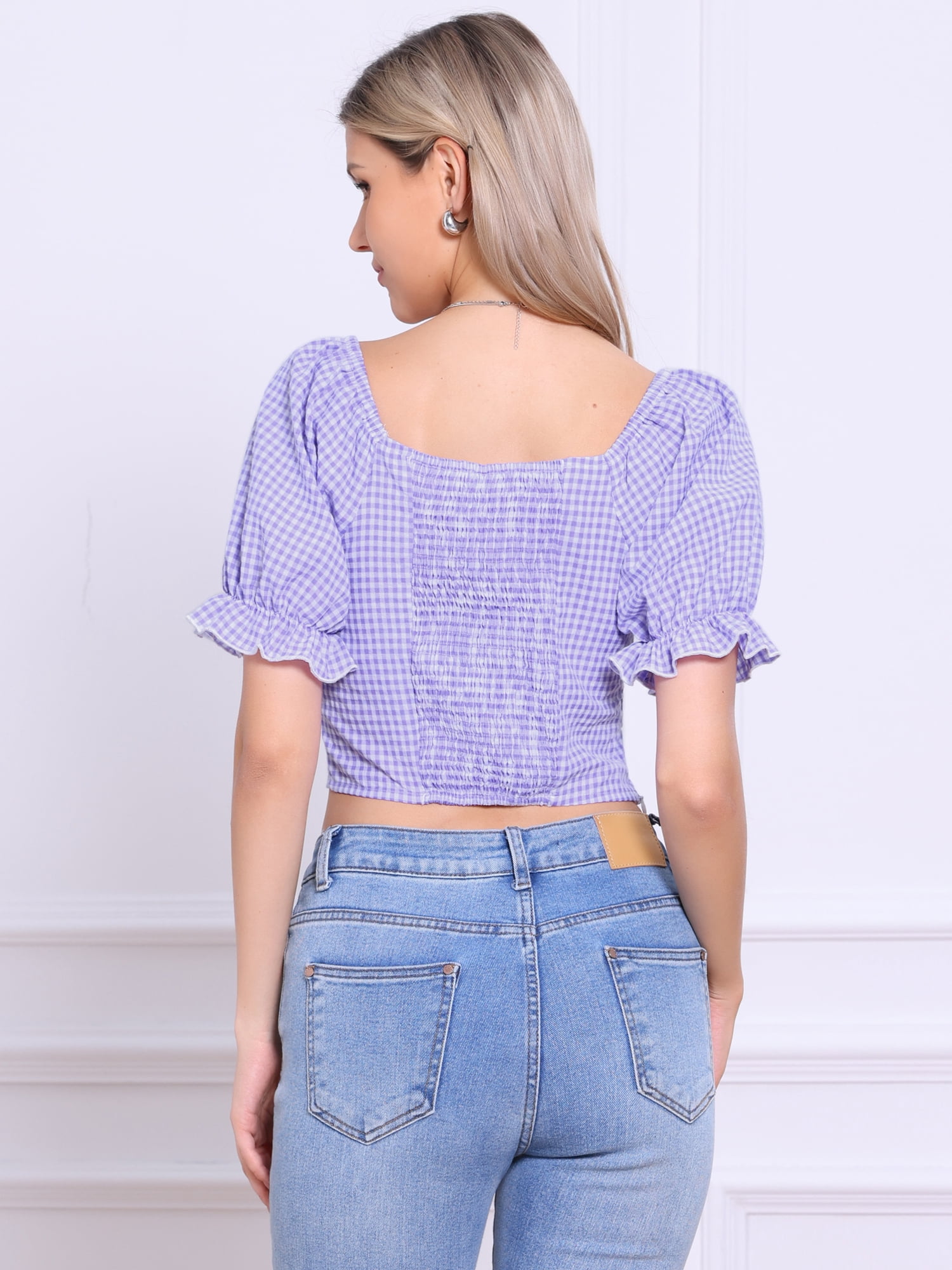 DARING DIVA Women's Smocked Crop Bubble Sleeve Peasant Gingham Tops M Light Purple