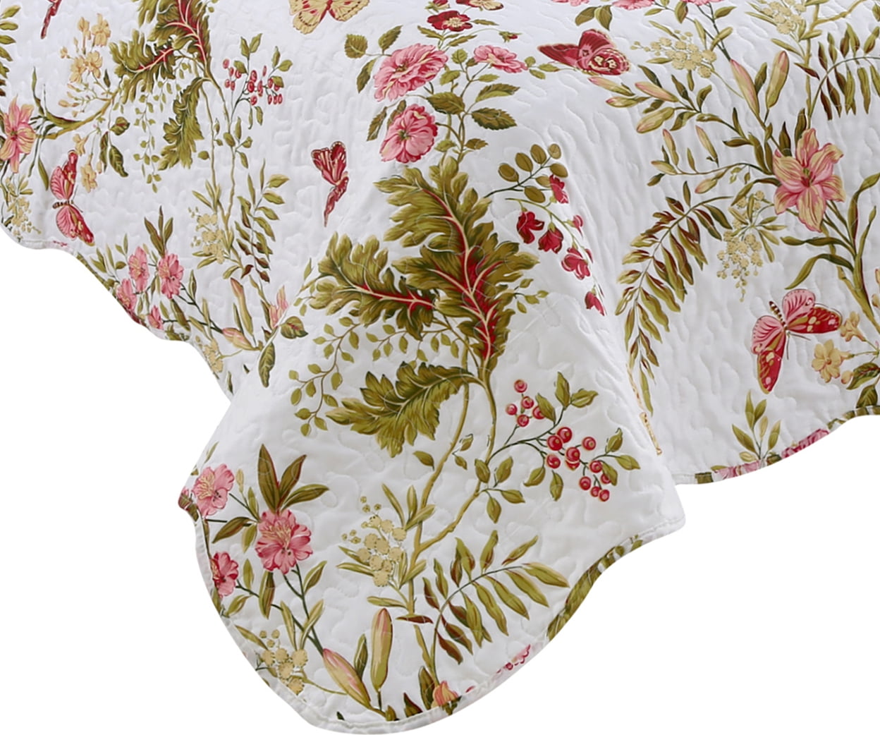 Marina Decoration Couvre-lit imprimé riche, couvre-lit ultra doux pour l'été, avec taies d'oreiller matelassées, motif papillon et fleur rose vert rouge