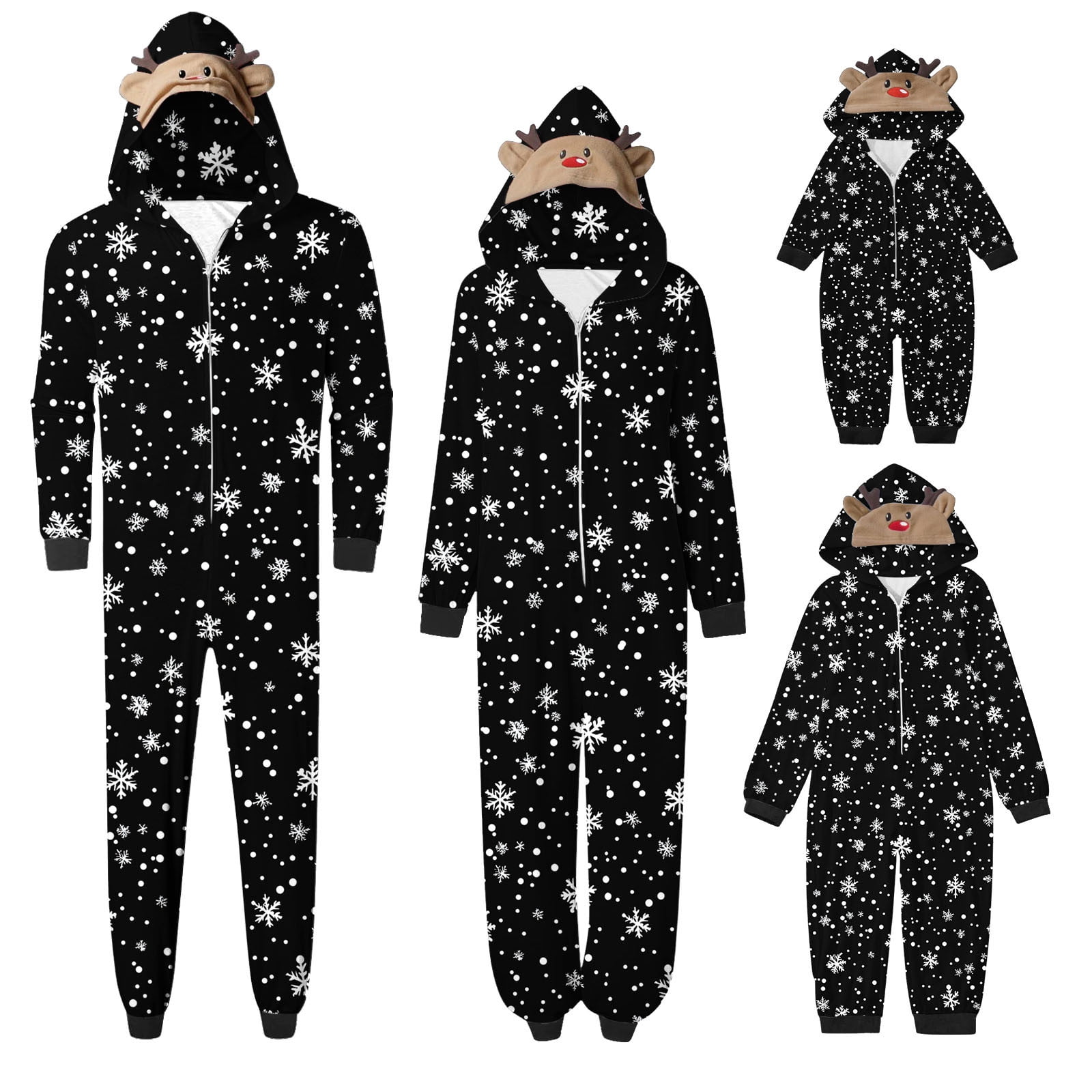 SwiftWear Black Snowflake Couples Family Christmas Pajamas Matching Onesie Set with Reindeer Hood Winter Design Loungewear