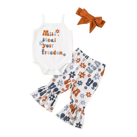 

Wassery 4th of July Baby Girl Outfit Sleeveless Romper Tank Shirts Flag Bell-Bottoms Flare Pants 3 6 12 18 Months Infant Summer Independence Day Clothes Fourth of July Clothes Set