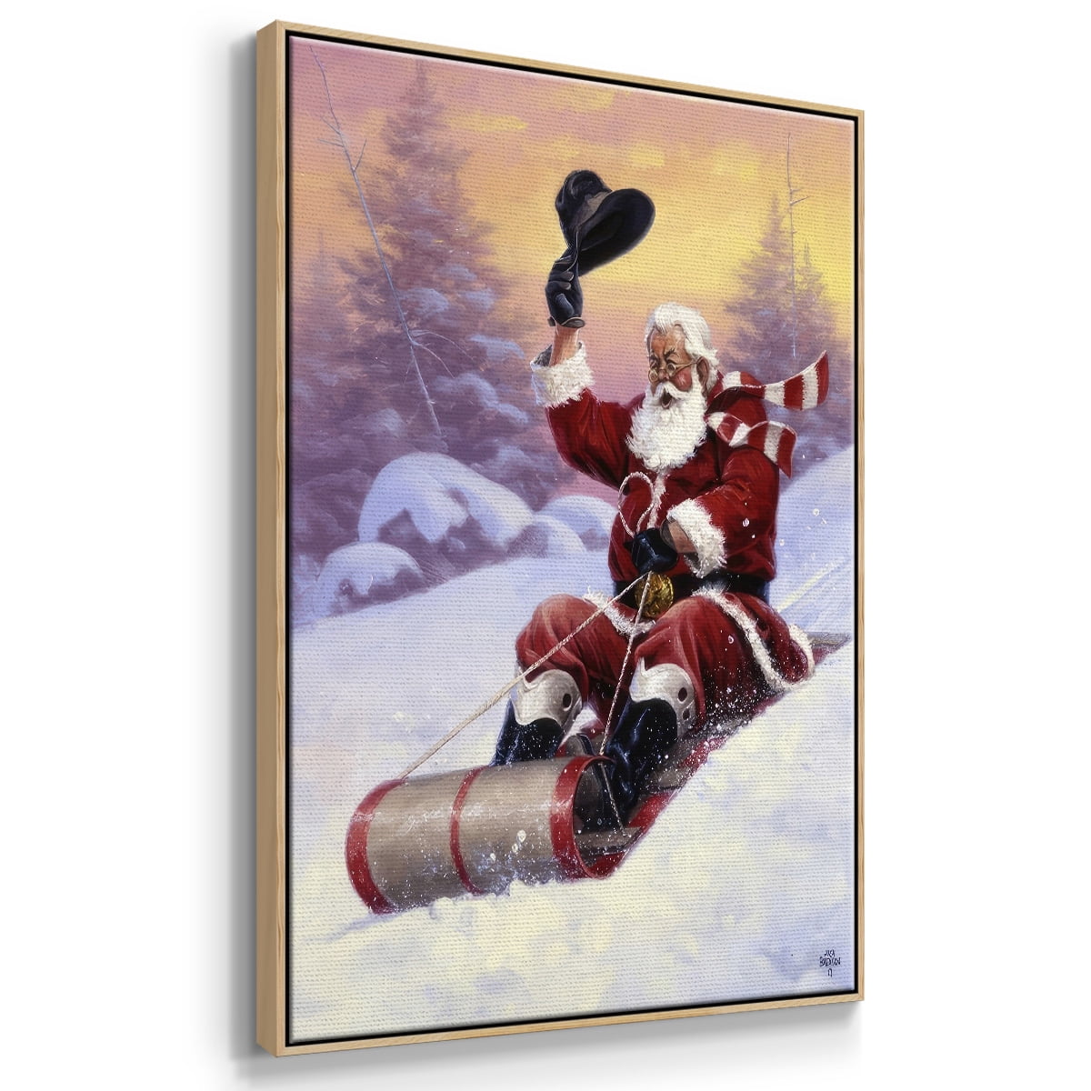 Here Comes Santa - Framed Gallery Wrapped Holiday Canvas - 17 x 25 - Natural Wood Frame