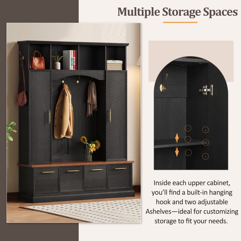 76.7''H Tall Hall Tree with Golden Hooks & Handles, Entryway Large Shoe Storage Bench with Cabinets & Adjustable Shelves