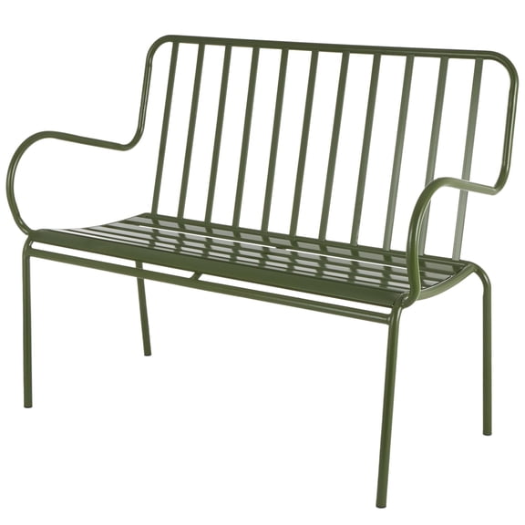 DecMode Metal Slatted Outdoor Bench with Curved Armrests, Green