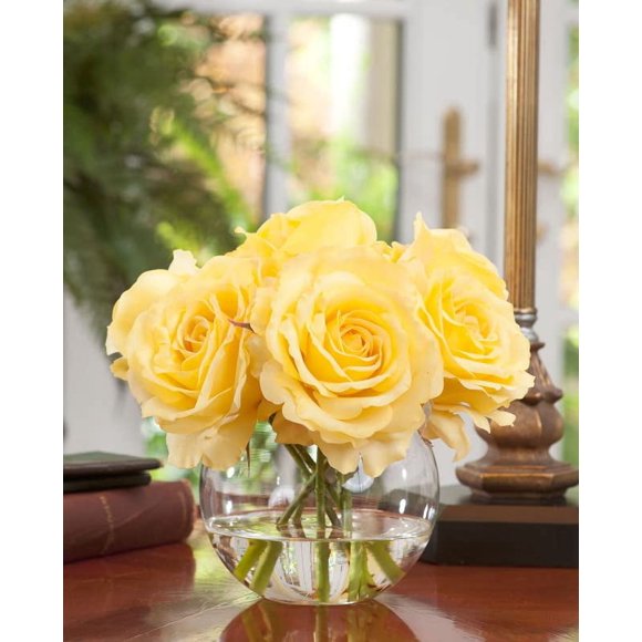 PETALS - Rose Nosegay Silk Flower Arrangement - Yellow - Small Centerpiece or Accent - 8" Height x 8" Width