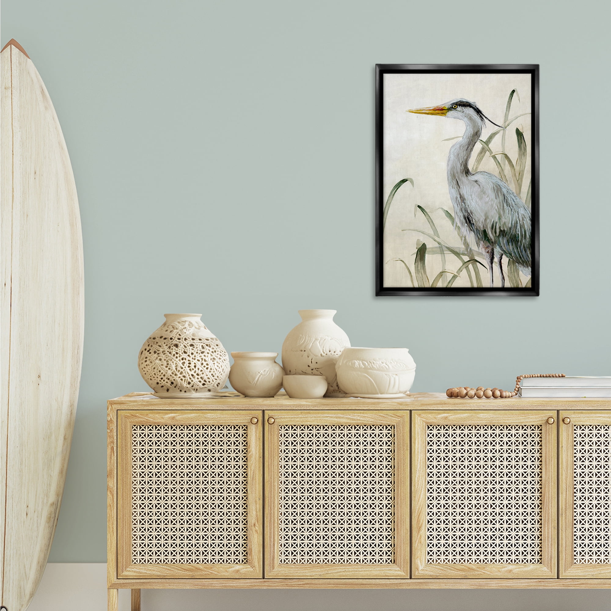 Stupell Industries Heron with Traditional Grasses Animals Painting Black Floater Framed Canvas Art Print Wall Art, 21 x 31