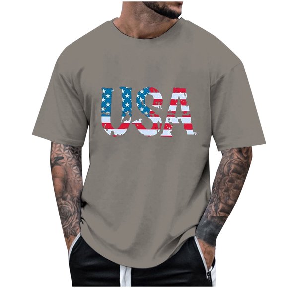 NLLSHGJ Men's Long Sleeve Shirts Men's Summer Independence Day Simple Digital Printed T Shirt Short Sleeve Top Mens Flannel Shirts Long Sleeve Yellow Black Mens Dress Shirts Long Sleeve Stretch Neck