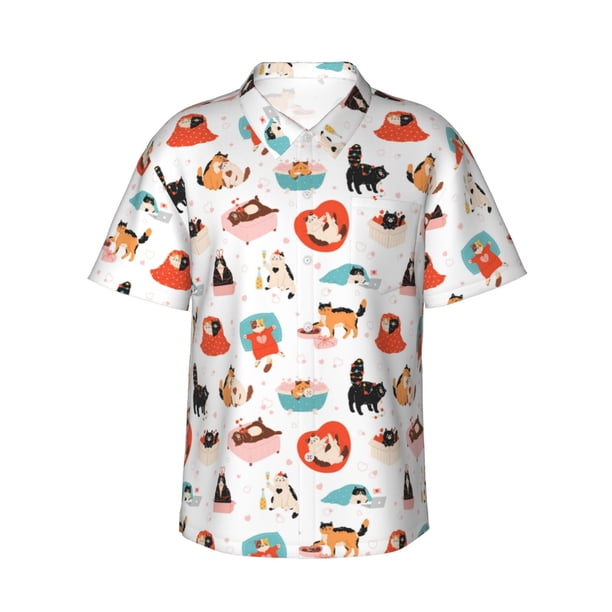 Fotbe funny cats celebrating Valentine's Day Camisa Hawaiana para Hombre Unisex – Camisa Casual de Verano con Botones de Manga Corta de Algodón y Lino,Medium