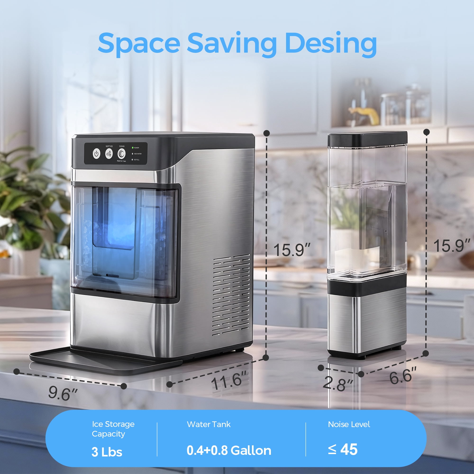 Nugget Ice Maker Countertop with Removable Tank, 41Lbs Per Day, One-Touch Fast Ice in 6 Mins, Self-Cleaning & Ultra Quiet for Home, Office, Party