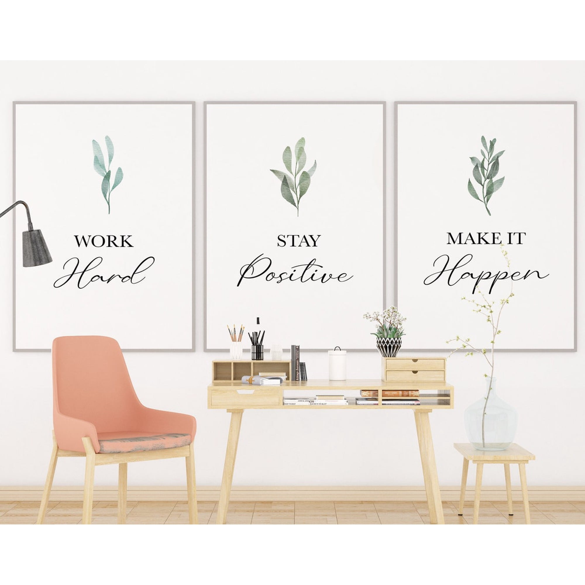 Set Of 3 Motivational Stay Positive Wall Art Prints Work Hard Make It Happen Inspirational Quote Office And Gallery Wall Decor
