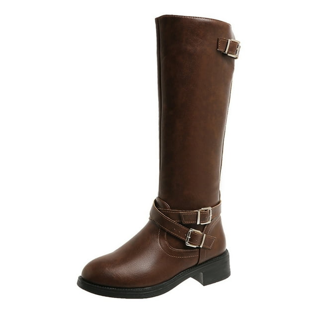 Brown Feminine Casual Chic Winter Long Boots With Round Toe And Side Lace-Up For Secure Fit