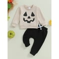thumbnail image 4 of Toddler Baby Boys Halloween Clothing Set 0 6 12 18 24 Months 2T 3T Pumpkin Face Print Crew Neck Long Sleeve Sweatshirts Tops and Long Pants 2Pcs Fall Outfits, 4 of 9