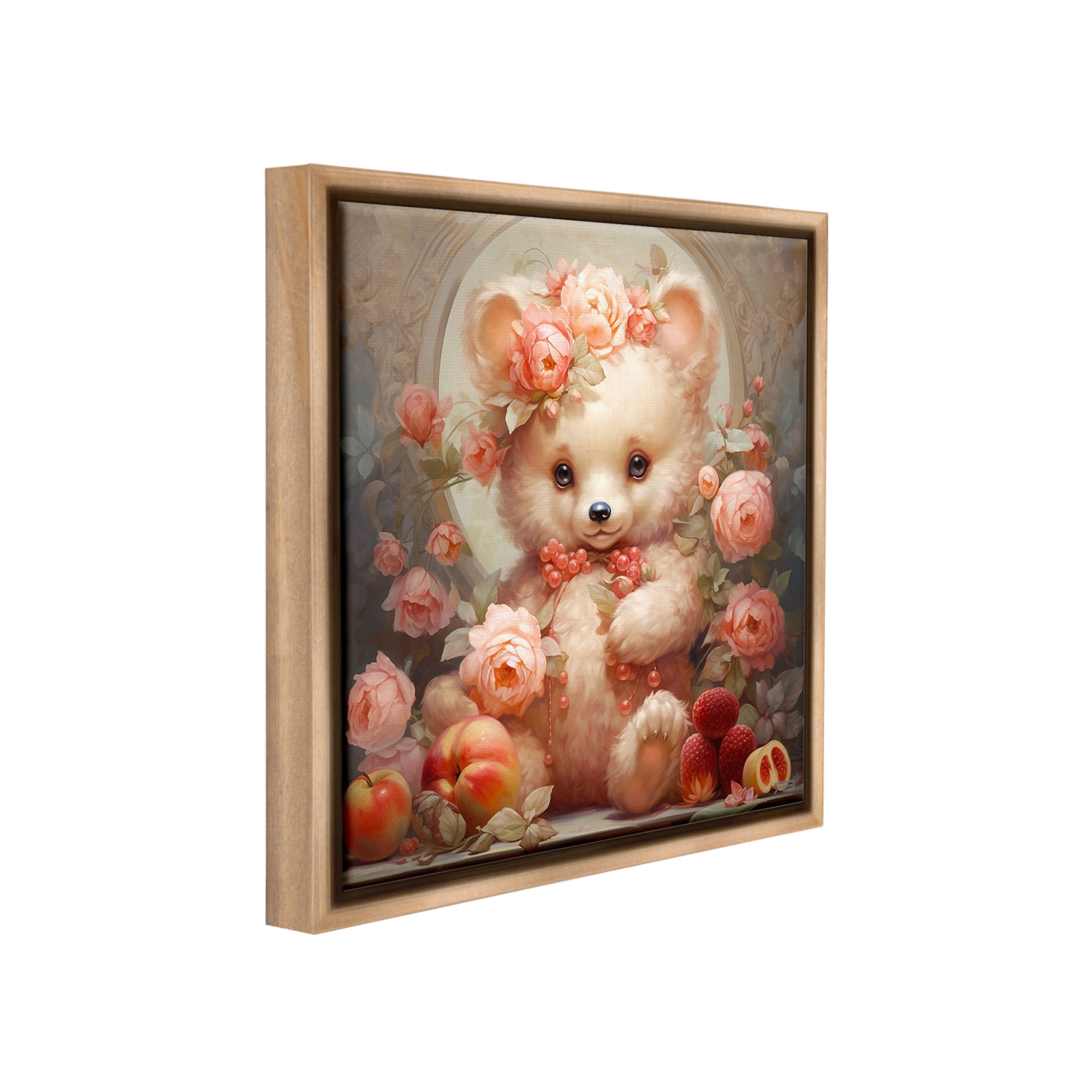 Stupell Industries Bear with Fruits & Flowers Animals & Insects Painting Brown Floater Framed Canvas Art Print Wall Art, 25 x 25