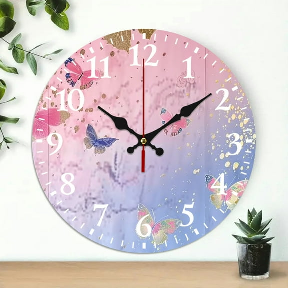 Chilfamy Butterflies Pink Blue Wall Theme Wooden Wall Clock 10 Inch Round for Home Decor Living Room Dorm Bedroom Kitchen Office, Silent Non-Ticking Battery Operated Decorative Clock 10x10in