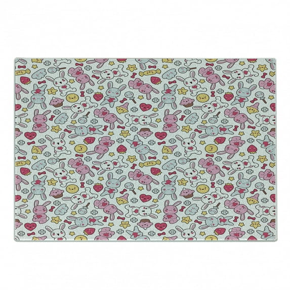 Anime Cutting Board, Japanese Cartoon Pattern Nursery Happy Bunnies Cupcakes Hearts Flowers Composition, Decorative Tempered Glass Cutting and Serving Board, in 3 Sizes, by Ambesonne