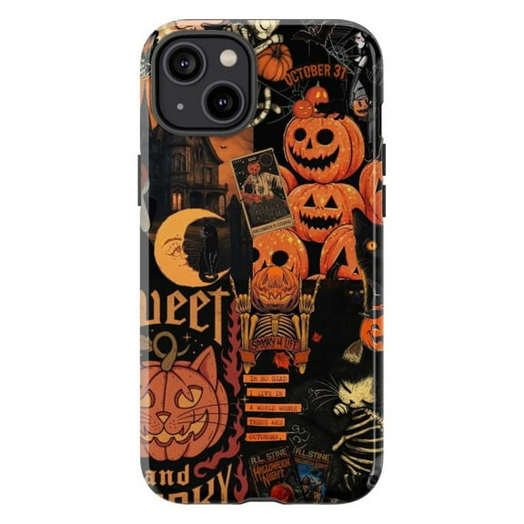 Halloween Collage Phone Case, Spooky Pumpkin and Gothic Cat Design, Vintage October 31 Aesthetic iPhone Cover for iPhone 16 15 14 13 12 11 Pro Plus Max Mini