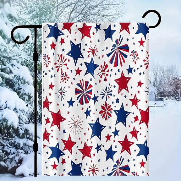 RKSupls Patriotic Linen Double Sided Garden Flag, Independence Day Themed Yard Decor, Stars with Red Blue Splatter Paint Outdoor Banner for Holiday Lawn