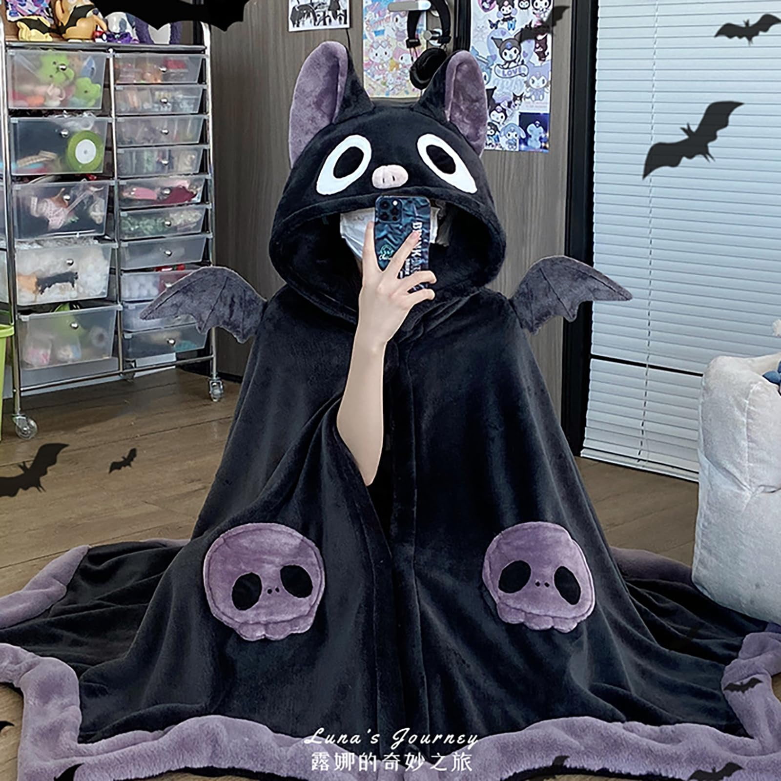 Cute Bat Blanket Hoodie, Wearable Bat Blanket Adult for Halloween Cosplay, Soft Hooded Bat Cape for Women