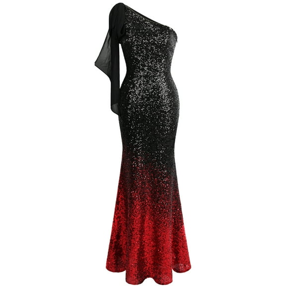 Angel-fashions Women's Asymmetric Ribbon Gradual Sequin Mermaid Prom Dress