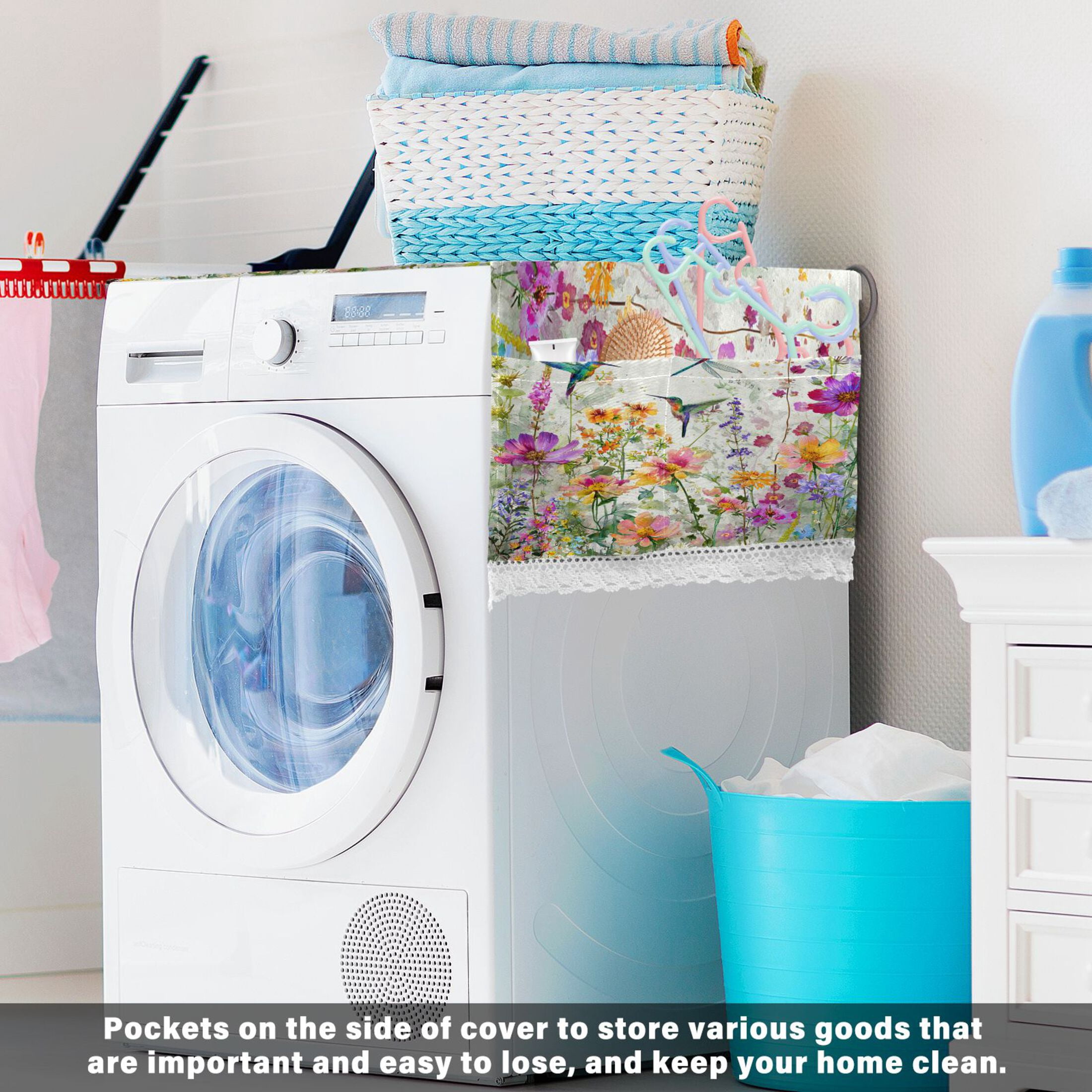 Wobogo Hummingbirds and Wildflowers Washing Machine Cover Dustproof Washer Dryer Cover Waterproof Laundry Room Decorative Protector