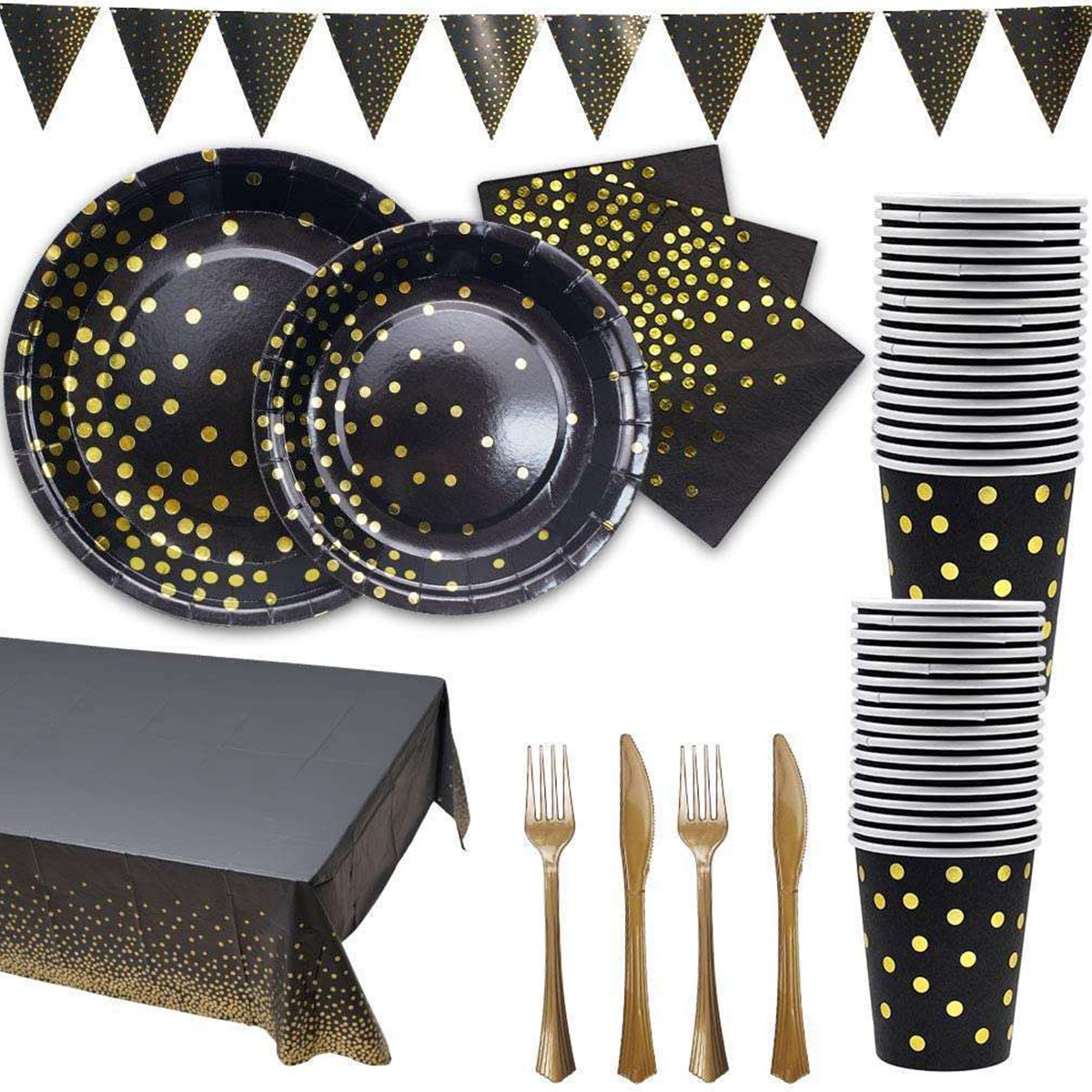 Black and Gold Party Plates set, Gold Foil Dot Disposable Dinnerware