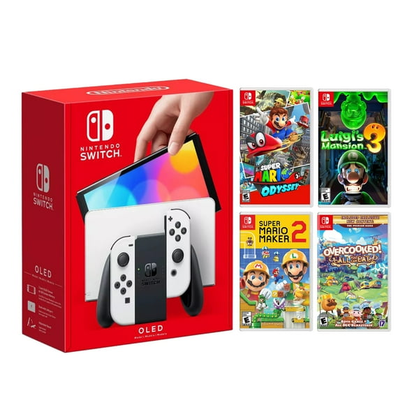 2021 New Nintendo Switch OLED Model White Joy Con 64GB Console HD Screen & LAN-Port Dock with Multiplayer 4 Game Cooperative Set and Mytrix Accessories - Local Co-op Games Best for Two Players