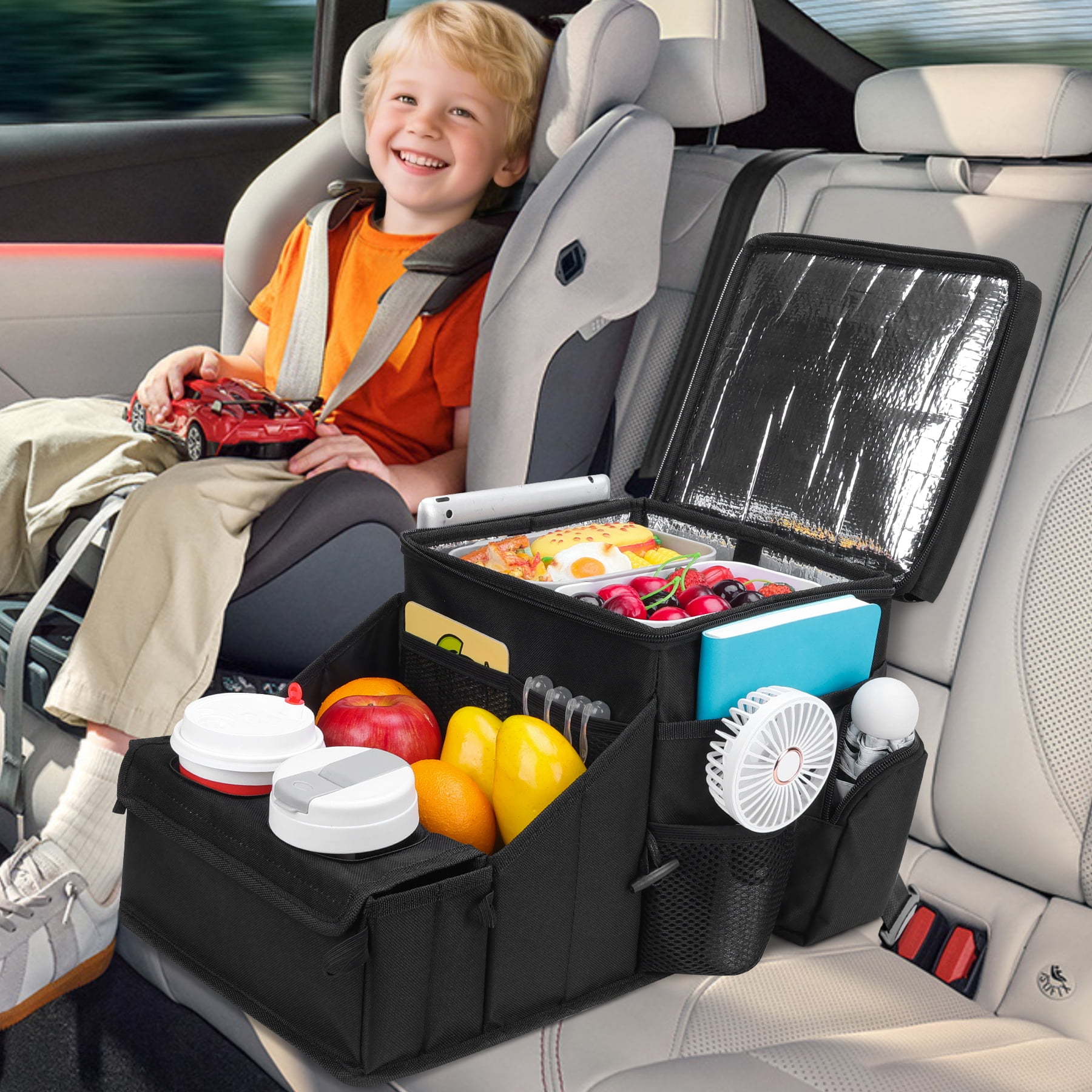 INFANZIA Car Seat Organizer, Backseat Van Organizer with Cup Holders for Car Front Passenger and Back Seat, Carseat Storages with Cooler Compartment for Kids and Adults for Toy, Snacks, Black
