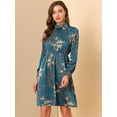 thumbnail image 2 of Vestido Floral Allegra K de una Línea de Manga Larga Azul pavo real satinado S, 2 of 6