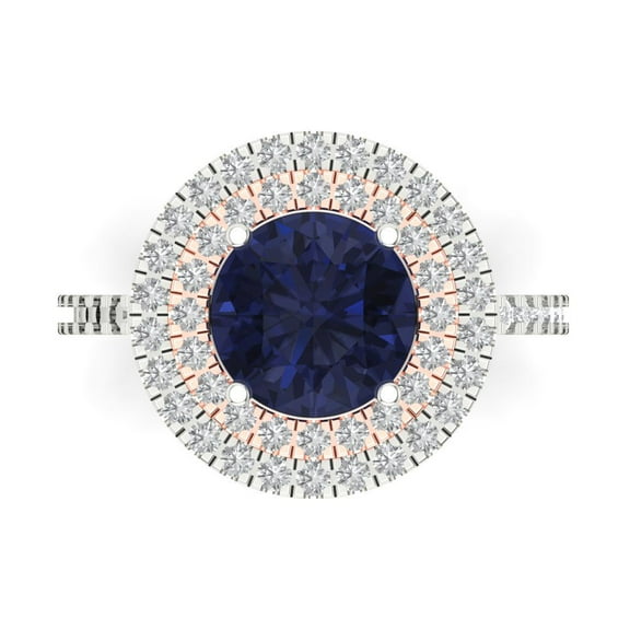 2.6 ct Round Cut Simulated Blue Sapphire with Simulated Diamond Halo Accents 14K White/Rose Gold Womens Engagement Ring