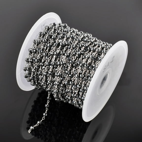 QNAVIC Natural Hematite Gemstone Handmade Beaded Stone Rosary Chains with 3mm Beads Jewelry Making DIY Accessories 925 Sterling Silver Rosary Chain Hand Craft (1 feet)