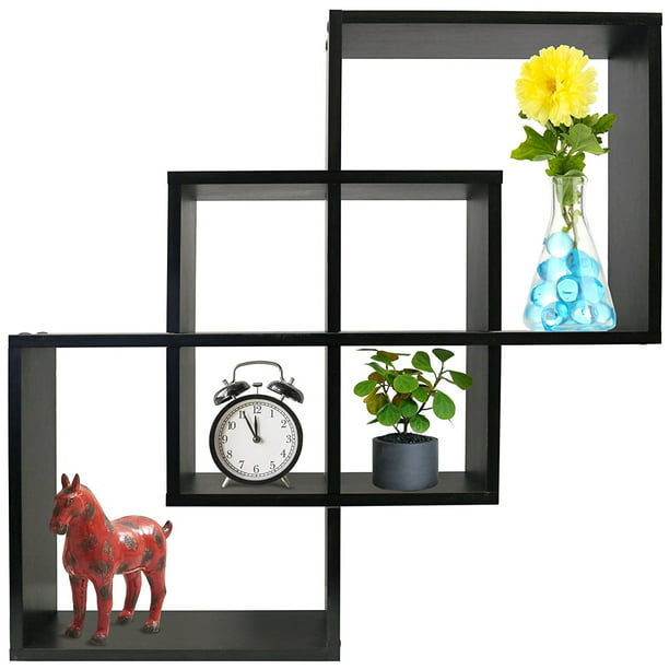 Greenco Quadrate Felix 3 Cubes, 4 Cube Intersecting Wall Mounted Floating Shelves Gray Finish
