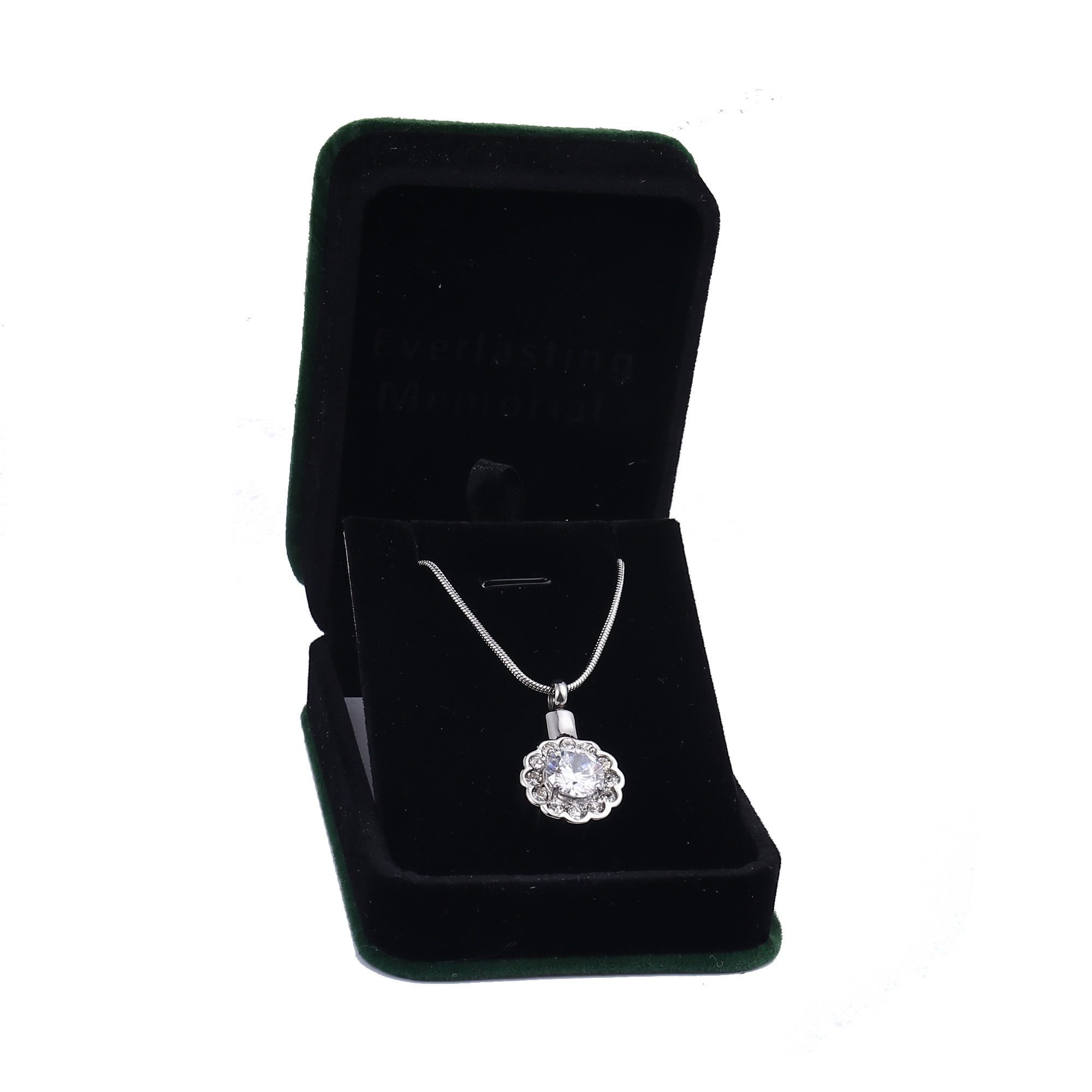 Round Crystal White Beautiful Crystal Rhinestone Flower Cremation Urn Necklace for Human Ashes Stainless Steel Memorial Pendant Keepsake Jewelry with Free Funnel Kit and Velvet Jewelry Box