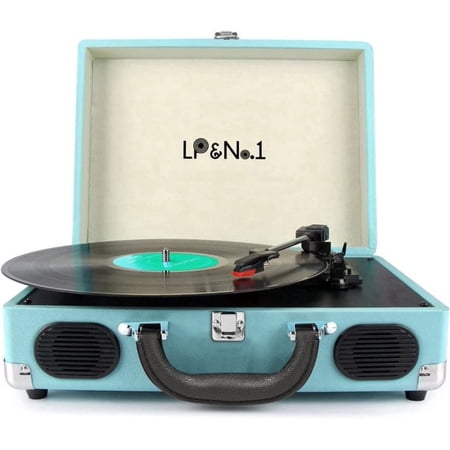 LP&No.1 Portable Suitcase Record Player with Stereo Speaker,3 Speeds Belt-Drive Turntable for Vinyl Records,Blue