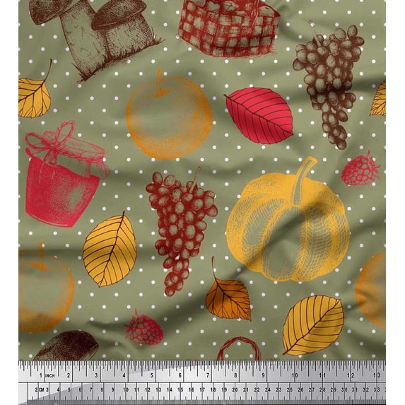 Soimoi Poly Georgette Fabric Mushroom,Grapes & Fresh Print Sewing Fabric Yard 52 Inch Wide