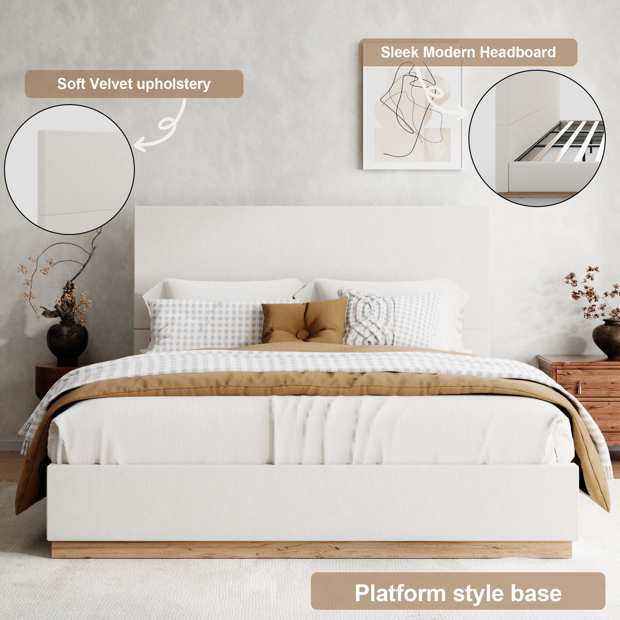 VIPLOV Queen Size Bed Frame with Headboard, Upholstered Bed Frames, with Enclosed Wood Base, Metal Structure & Wood Slats Support,No Noise,Easy Assembly,Beige