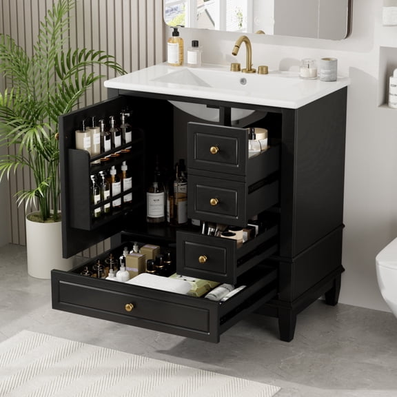 ChenyueFurn Bathroom Vanity 30 Inch Single Bowl Sink Soft Close Door Three Drawers Space-Saving Storage Black