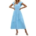 thumbnail image 3 of Women'S Summer Casual Flutter Short Sleeve Crew Neck Smocked Elastic Waist Tiered Midi Dress Light Blue S, 3 of 10