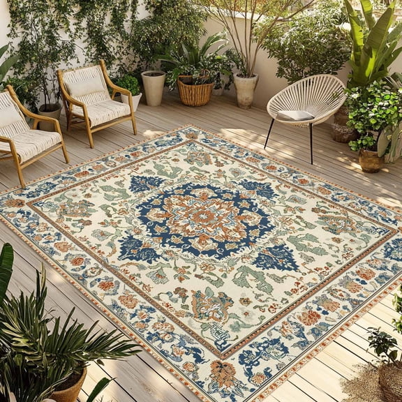 Fsddascl Southwestern Outdoor Rug for Patio/Deck/Porch, Non-Slip Large Area Rug 4 x 6 Ft, Heritage Antique Boho-Chic Country Indoor Outdoor Rugs Washable Area Rugs, Reversible Camping Rug Carpet