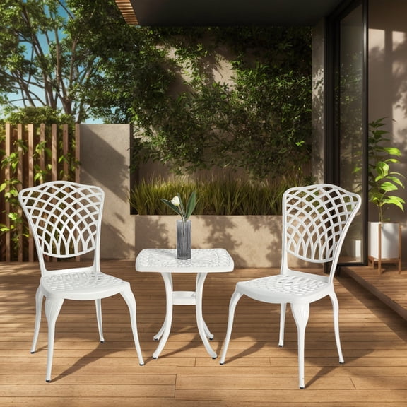 White Cast Aluminum 3-Piece Bistro Set: Rustproof, Weather-Resistant Outdoor Dining Furniture for Patio, Balcony, Garden, Porch - Durable & Easy Assembly