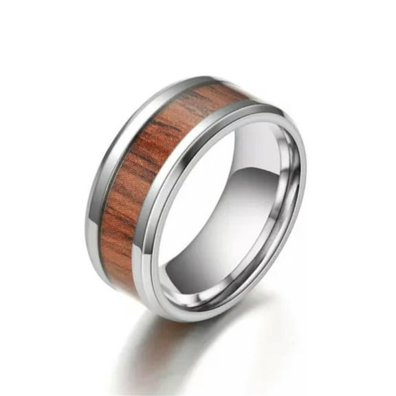 8mm Red Wood Inlay Band Mens Stainless Steel Wedding Silver Black Ring Size 6-13