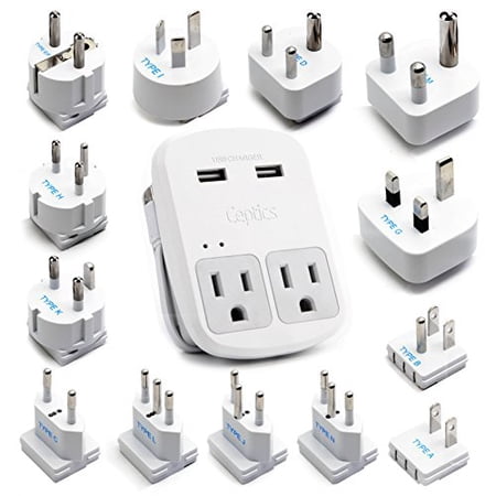 Ceptics World Travel 13 Adapter Kit - 2 USB + 2 US Outlets, Surge Protection, Plug for Europe, UK, China, Australia, Japan - Perfect for Laptop, Cell Phones (Does Not Convert Voltage)