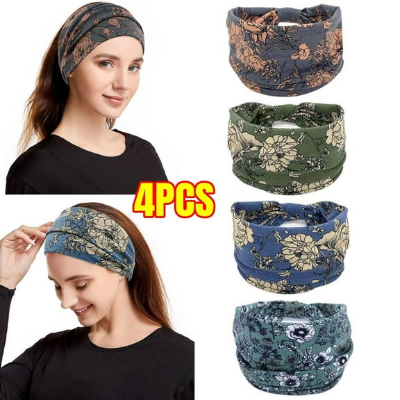 4 PACK Boho Bandeau Headbands Wide Knot Hair Band Stretch Turban Head Wraps Fashion Hair Accessories for Women